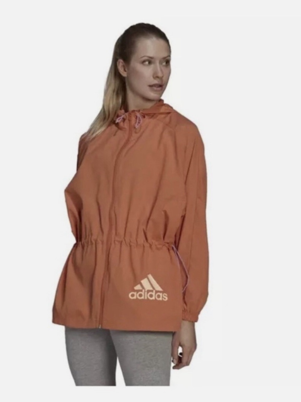 Adidas Orange Windbreaker Jacket Cinch Waist Hooded Lightweight Women’s